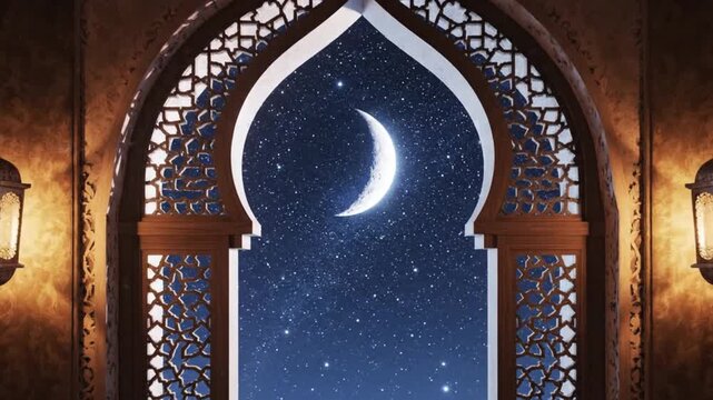 Crescent moon viewed through ornate archway with starry night sky