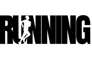 Graphic design featuring the word “RUNNING” with silhouettes of running men. Dynamic sports illustration symbolizing speed, endurance, fitness, training, and an active athletic lifestyle.
