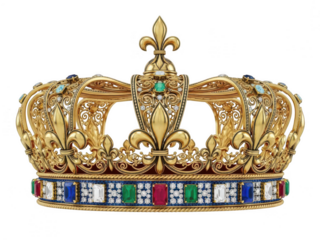 Intricate golden crown with fleur-de-lis and colored gemstones isolated on transparent background