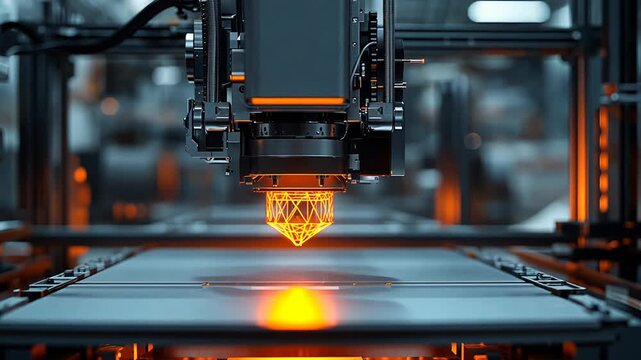 Close-up of a 3D printer creating an object with orange light in a factory.