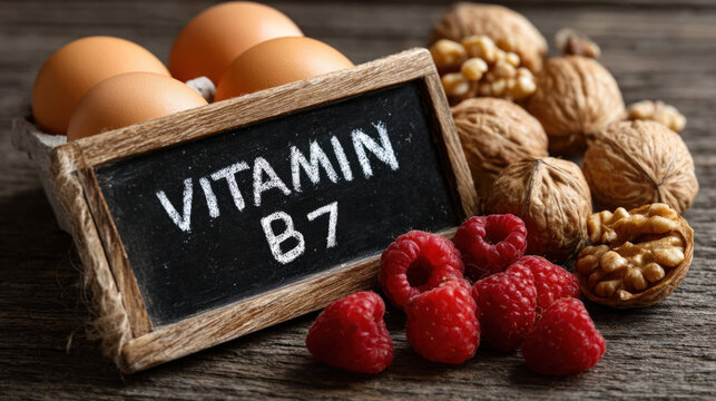 Text "VITAMIN B7" written with chalk on a blackboard, surrounded by cooked eggs, walnuts and raspberries