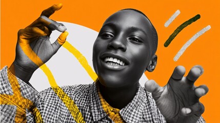 illustration of a joyful young man interacting with floating graphic symbols, abstract lines, and bright shapes, captured in a lively collage style on a white isolated background The composition 