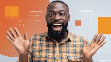 illustrated scene showing an excited young man gesturing with his hands as colorful graphic elements burst around him in a vibrant collage, isolated on white This visual emphasizes motion, excitement,