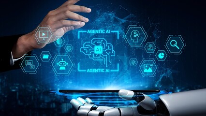 Futuristic interaction between human hand and robotic hand over a digital interface showcasing artificial intelligence and technology concepts Gluon.