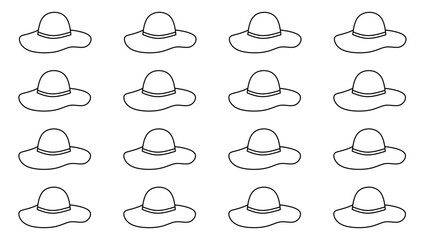 Seamless pattern of women summer beach hats. Beach hat seamless pattern in hand drawn style. Minimalist doodle beach hat.