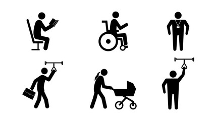 A set of vector icons depicting various passengers in public transport. Includes people reading, in a wheelchair, commuters holding handles, a parent with a stroller.