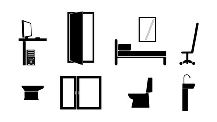 A set of black silhouette vector icon representing home, office, and bathroom furniture. Includes desk, computer, wardrobe, bed, chair, toilet, bidet, and sink elements.
