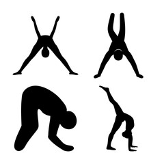 Yoga and stretching poses for flexibility and strength training silhouette collection