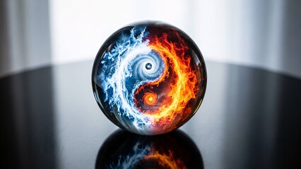 Vibrant yin yang marble on reflective surface