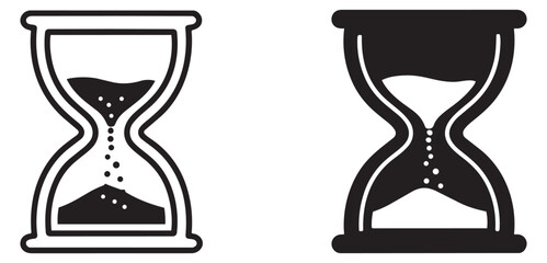 Outline and solid glyph hourglass icon set featuring two stylized hourglasses with falling sand for time measurement concepts