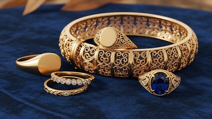 Naklejka premium Elegant gold jewelry collection displayed on a blue velvet surface