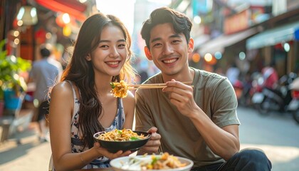people tasting street food