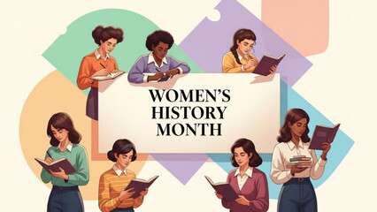 Diverse women reading books celebrating womens history month with colorful