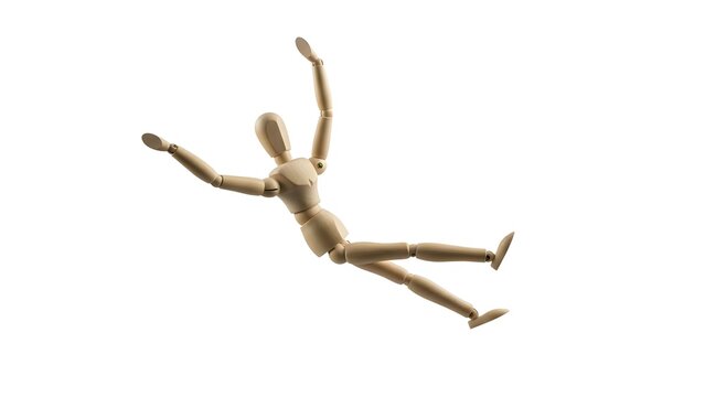 A wooden mannequin in a dynamic pose on transparent background