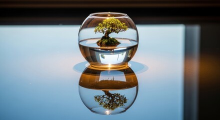Bonsai tree in glass bowl filled with water; reflected in surface