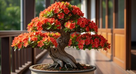 Bonsai tree bursts with red blooms, set on a wooden balcony