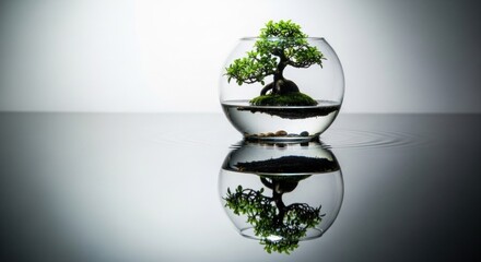 Bonsai tree in glass bowl with water and pebbles, reflecting below