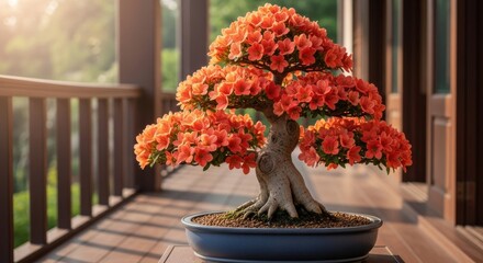 Bonsai tree with vibrant orange blossoms on veranda, soft, natural light