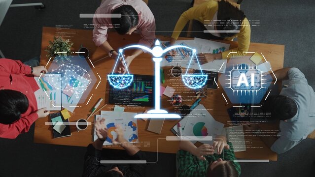 A diverse business team engages in a collaborative meeting in a modern office, discussing AI legal strategies with digital graphics and data visualizations. Raster - Powered by Adobe