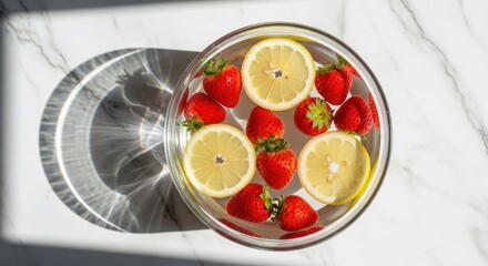 Bright bowl of strawberries and lemon slices on marble, casting shadows