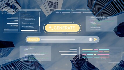 Abstract digital interface with futuristic design showcasing data generation, prompts, and programming lines in an urban skyline Gluon.