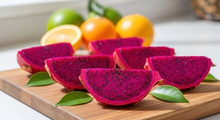 Bright pink dragon fruit slices with oranges on wooden board, bright lighting
