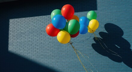 Bunch of colorful balloons against textured wall with shadow patterns