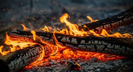 Burning logs and embers create a crackling fire, sparks flying in dark