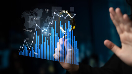 A person using a magnifying glass examines financial growth trends, represented by a dynamic bar and line graph overlaying a global map, illustrating importance of data analysis. Scalp