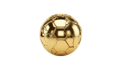 Stunning three dimensional rendering of a luxurious golden soccer ball meticulously shaped like the world globe on transparent background