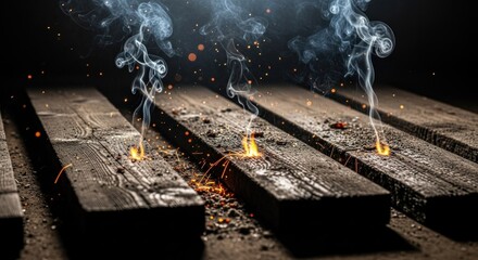Burning wooden planks emit smoke and sparks against a dark background