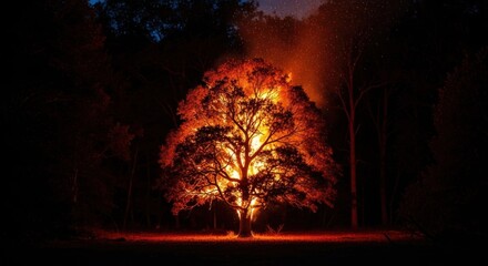 Burning tree in dark forest radiates light