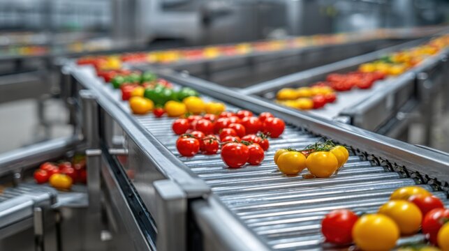 Medium shot of smart sensor analyzing vegetables for color texture and ripeness in an automated quality inspection line - Powered by Adobe