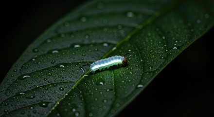 Caterpillar on dewy leaf