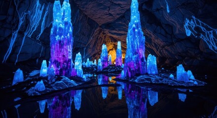 Cave with blue crystal formations reflecting in water