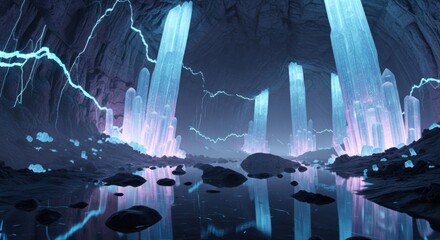 Cave with towering crystals and water reflection, illuminated by electric blue light