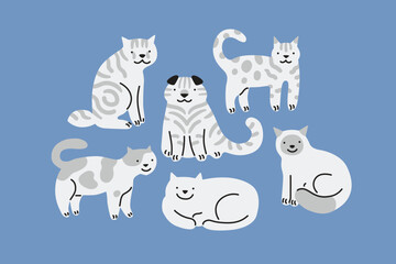 Obraz premium Cats simple illustration. Cute kitten, cartoon domestic cats in different pose, pet feline characters. Vector isolated set of kitten animal feline illustration. Sketch doodle style, monochrome.