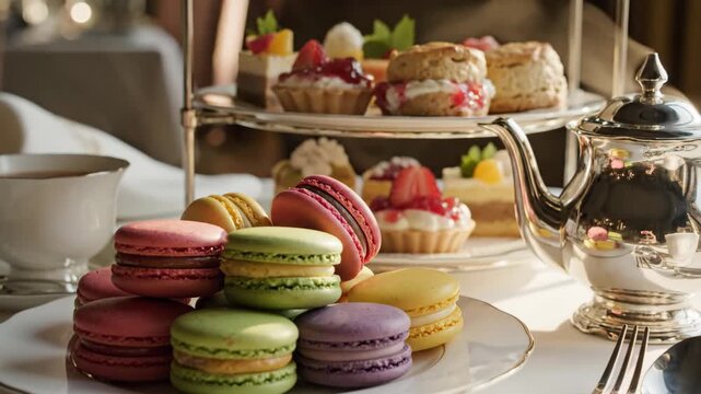 Elegant High Tea with Macarons and Pastries - This video showcases a refined high tea arrangement, featuring a delicate stack of colorful macarons in the foreground.