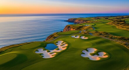 Cliffside golf course with sunset view of ocean and distant hills