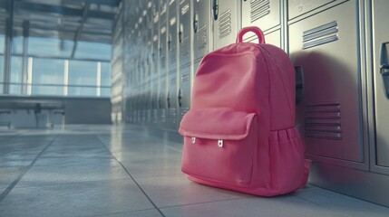 a vibrant pink backpack leans against a sleek metal locker in a bright and airy airport terminal the setting evokes a feeling of travel readiness and organization perfect for travelers looking for co