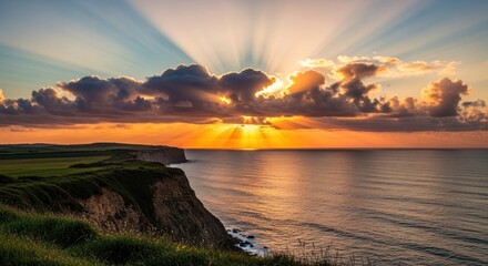 Coastal cliffs at sunset, sun rays piercing clouds over serene ocean