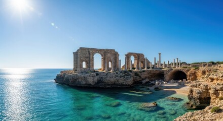 Coastal ruins stand over turquoise water under a bright sun, clear sky
