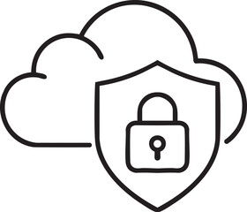 Black  outline cloud icon with shield and padlock symbol on white background
