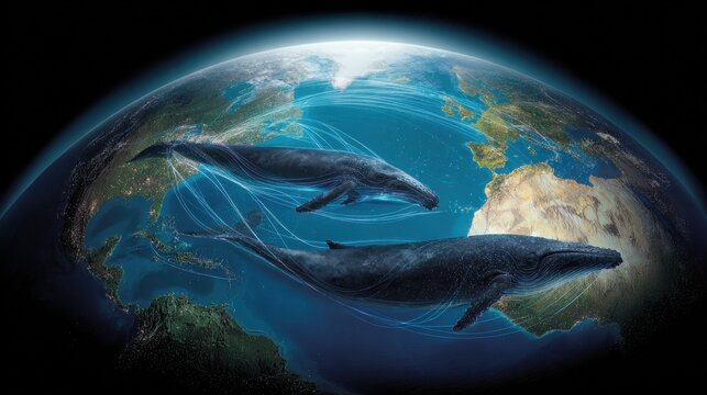 exploration and discovery a globe with highlighted migration routes and majestic blue whales swimming through diverse marine environments