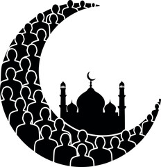 Islamic community in mosque crescent silhouette vector illustration isolated on transparent background