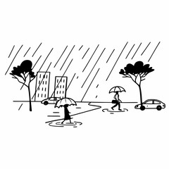 People walking with umbrellas in the rain on a city street  