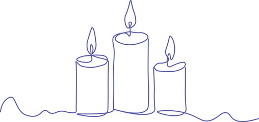 Continuous One Line Drawing of Three Burning Candles, Silhouette of Memorial Ceremony and Church Tradition, Religious Symbolism Vector