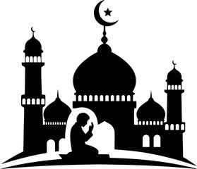 Mosque silhouette vector illustration with praying muslim isolated on transparent background
