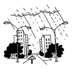 Man walking with umbrella in rainy cityscape with buildings and trees  