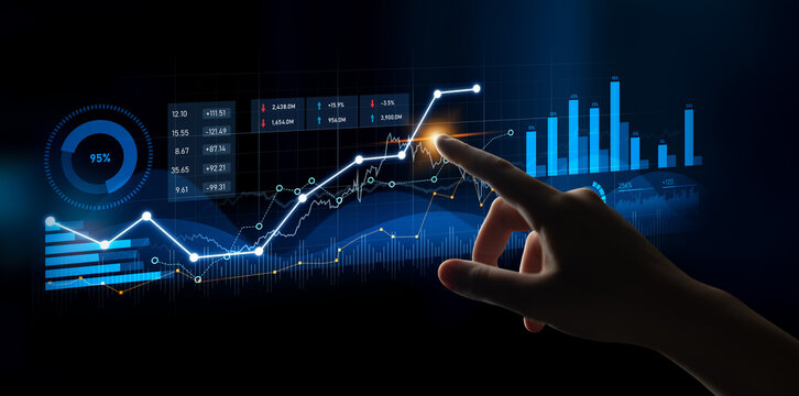 A hand interacts with a futuristic data analysis interface, showcasing charts and metrics to visualize financial performance and business insights in a digital environment. Scalp - Powered by Adobe